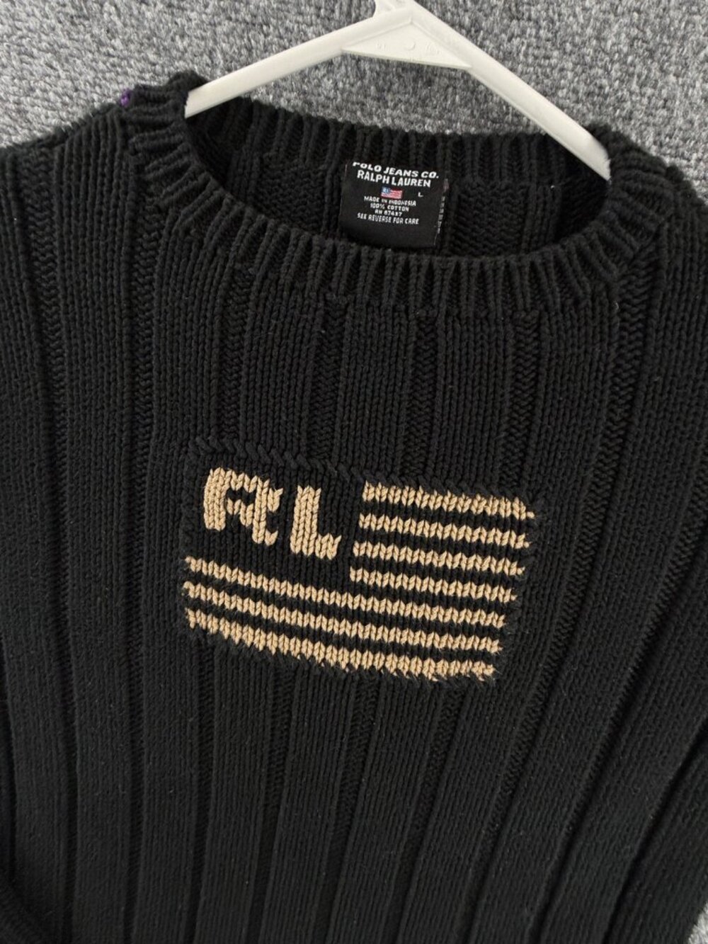 Ralph Lauren USA Flag Sweater Women Large Black Cotton Ribbed Knit Stretch Crew - Picture 2 of 13